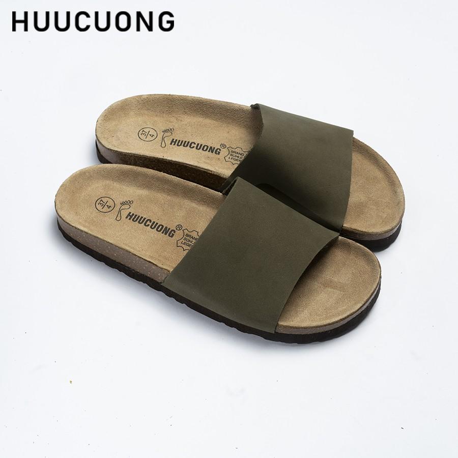 Dép unisex Huucuong 1 quai da bò rêu đế trấu handmade