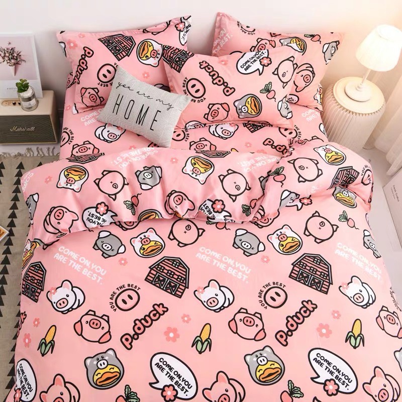 Bộ Drap & Chăn Phao 5 Món Cotton Poly Lợn Nhí Nhố