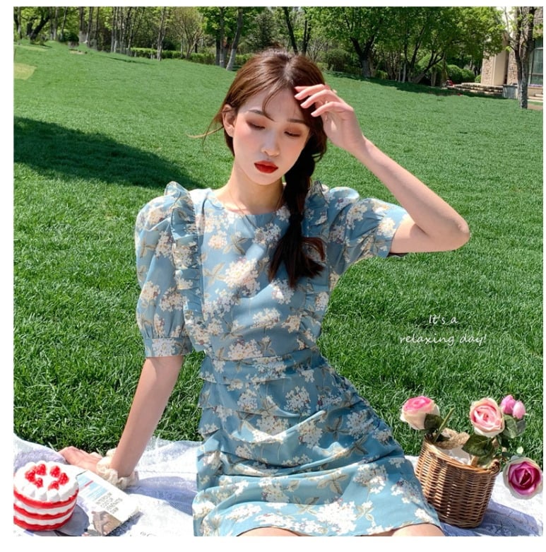 ĐẦM HỌA TIẾT MÀU XANH XẾP LY DH061