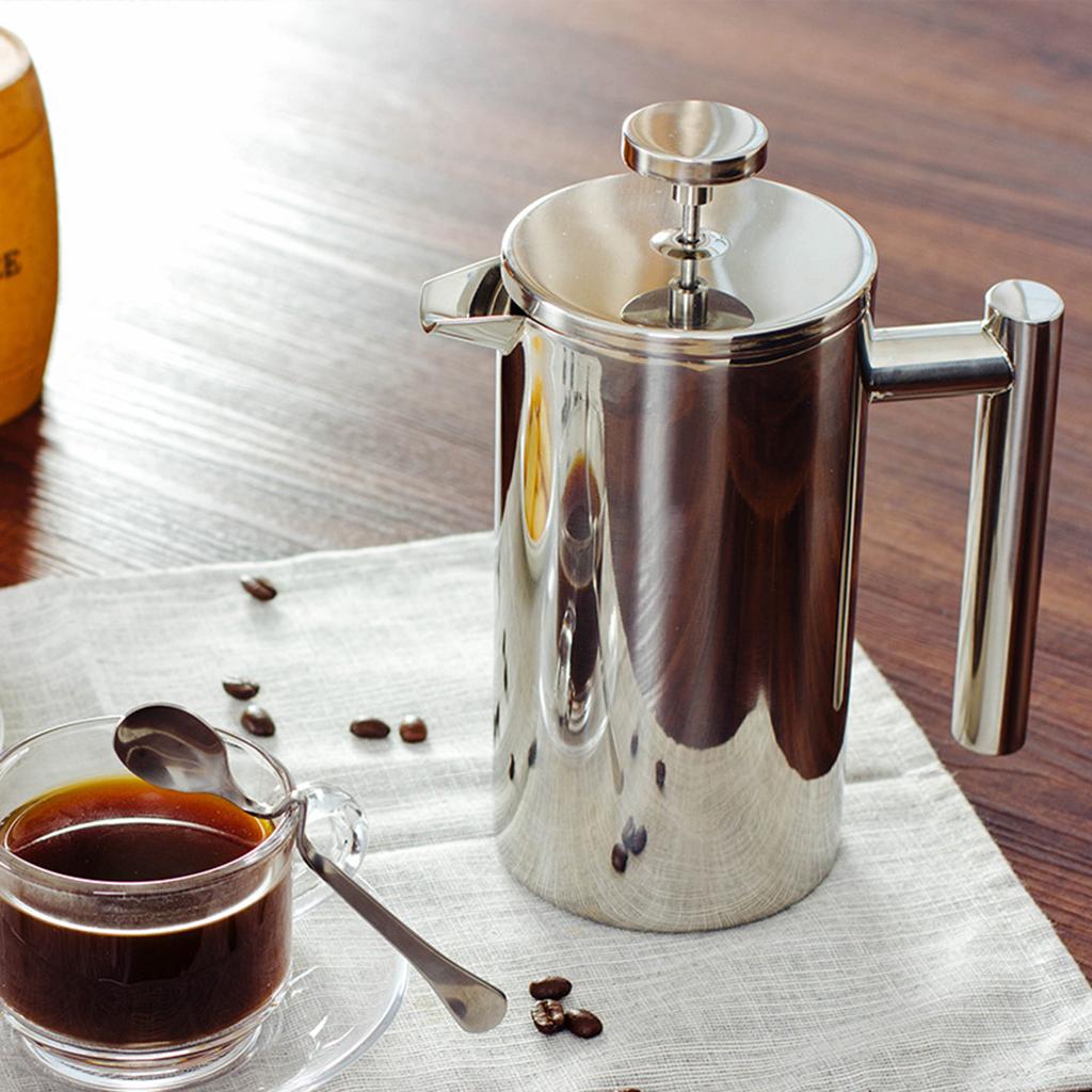 French Coffee Press Maker, Stainless Steel French Press Machine for Coffee Tea Camping Office, SIlver