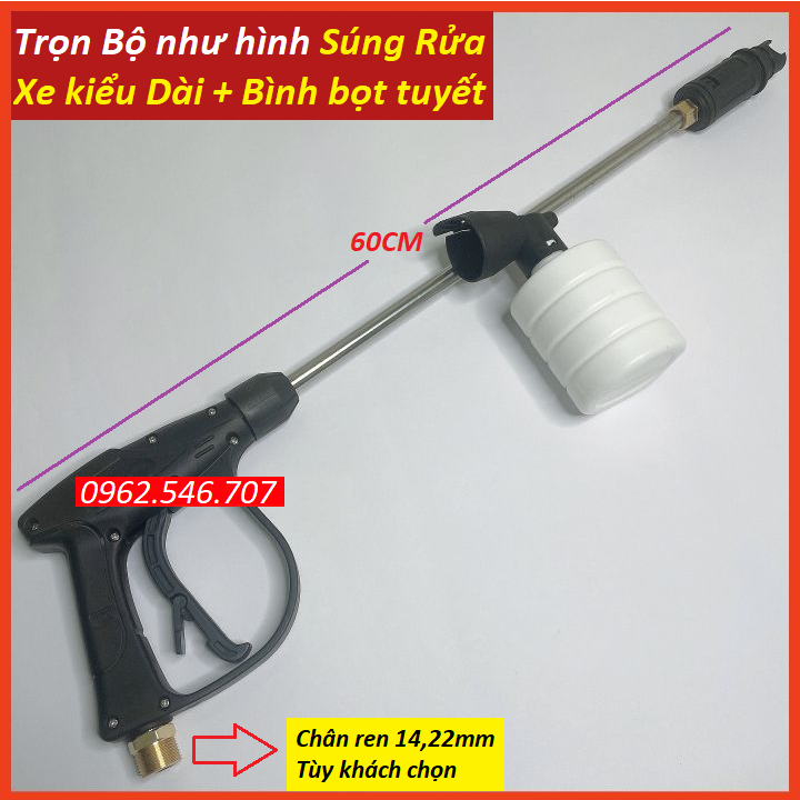 Bộ súng xịt rửa xe và ống nối dài 38cm kèm bình phun bọt tuyết 0,5L cho máy xịt rửa xe ren 22mm và 14mm