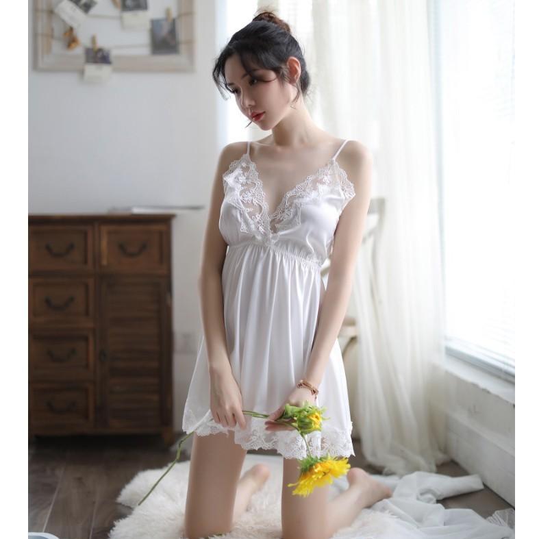 Váy ngủ lụa thái ren ngực - Màu trắng