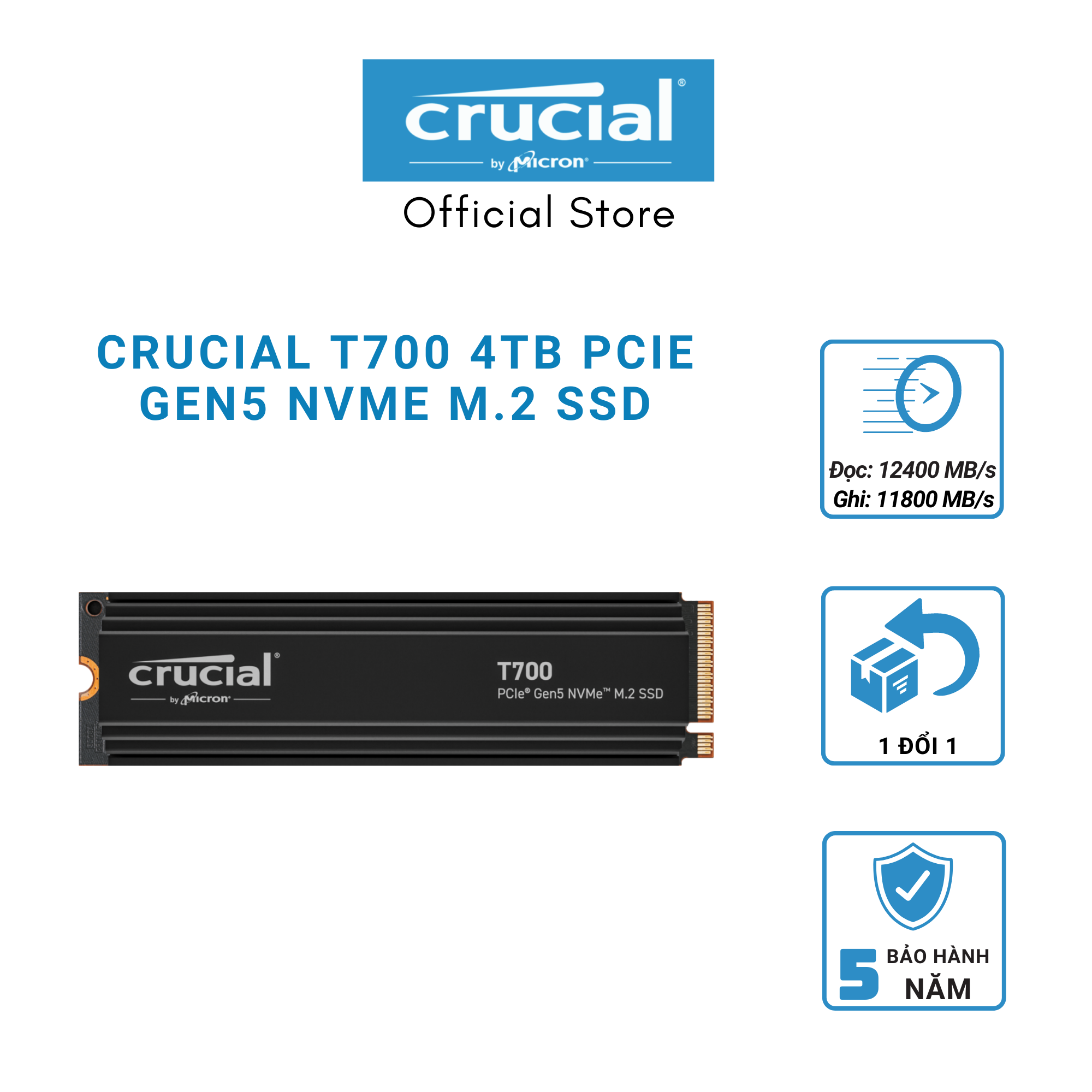 SSD Crucial T700 4TB PCIe Gen 5.0 NVMe - CT4000T700SSD5 - Hàng Chính Hãng