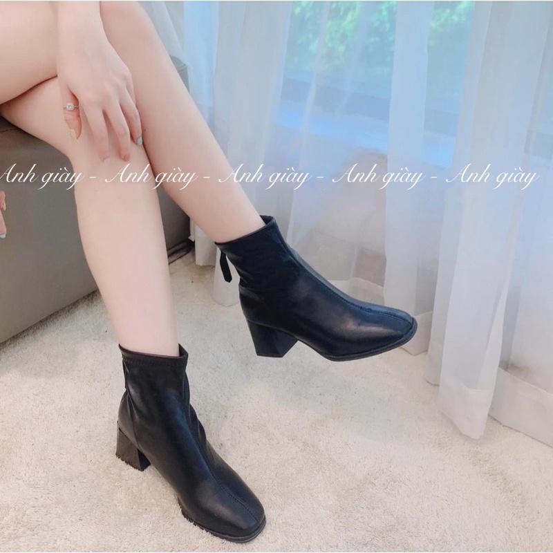 B12 - Boots nữ, bốt mũi vuông da lì cao cổ khoá sau gót trụ 5p , chất liệu da mềm ôm cổ chân, gót 5p đi chuyển dễ dàng