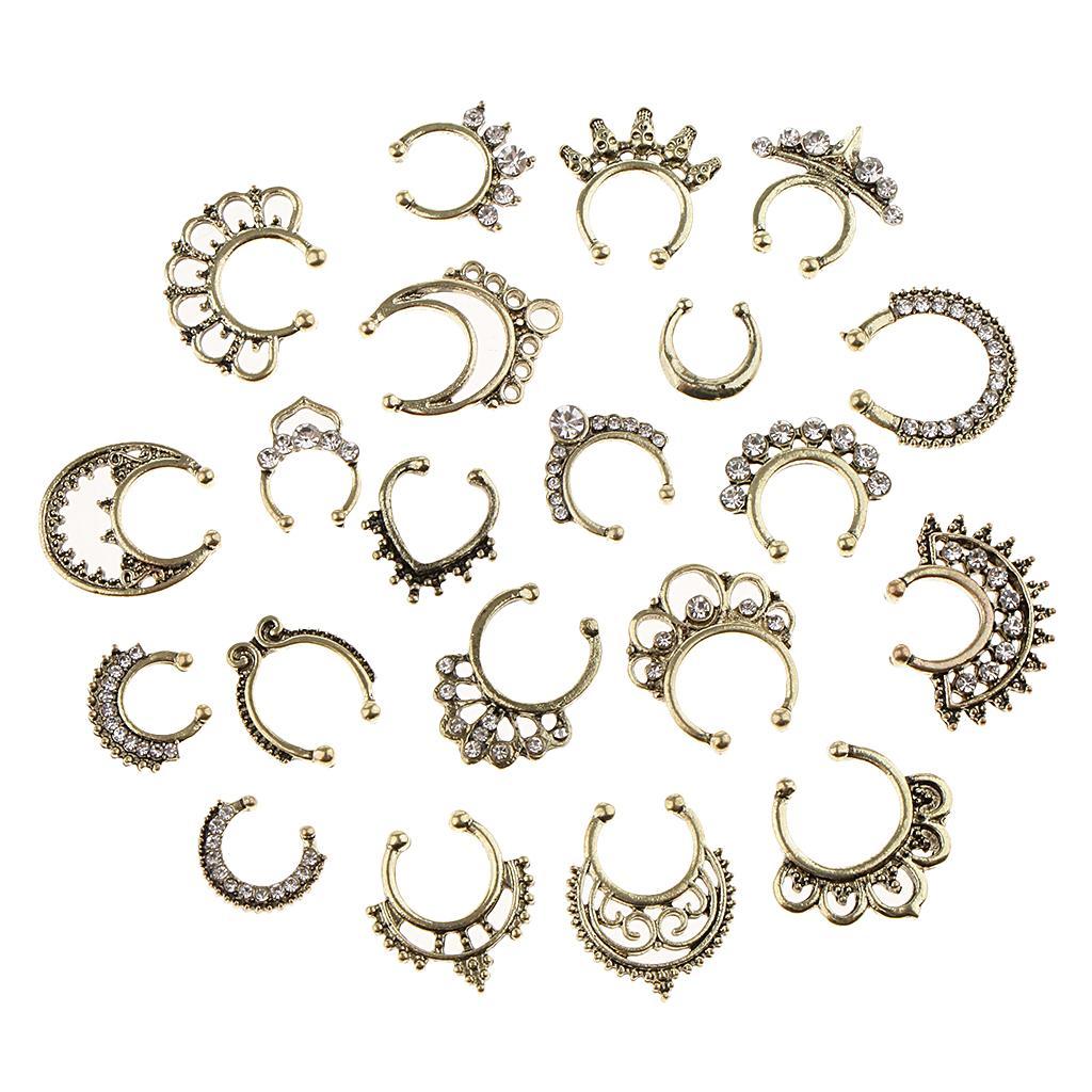 2-3pack 21 Pieces Crystal Fake Septum Clicker Nose Ring Non-piercing Antique