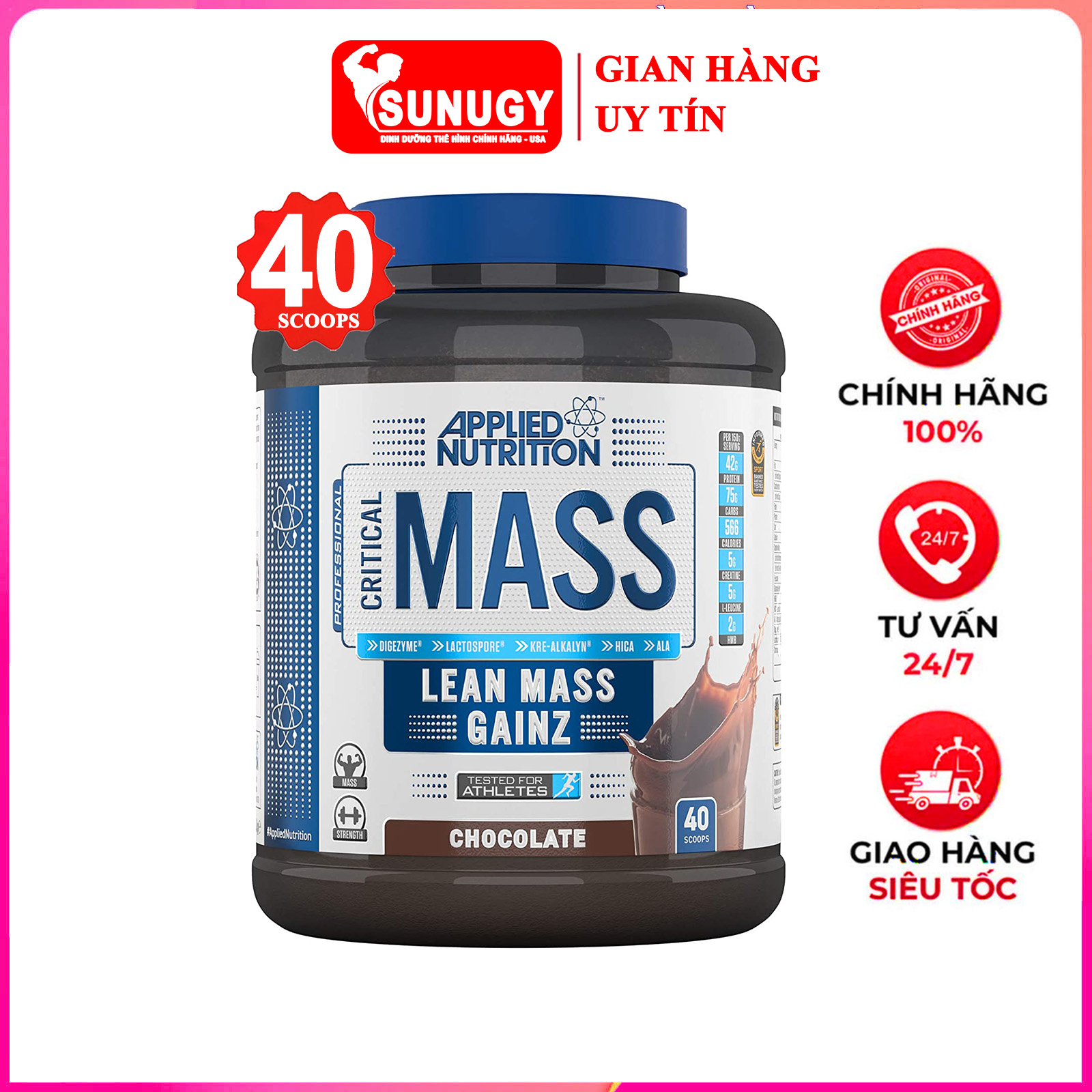 Sữa tăng cân tăng cơ nạc Critical Mass của APPLIED NUTRITION hộp 2.4kg hỗ trợ tăng cân, tăng cơ nhanh cho người gầy kén ăn