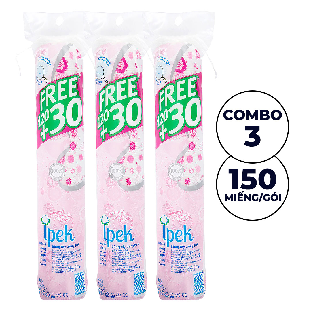 Combo 3 bông tẩy trang Ipek siêu mềm mịn 150 miếng