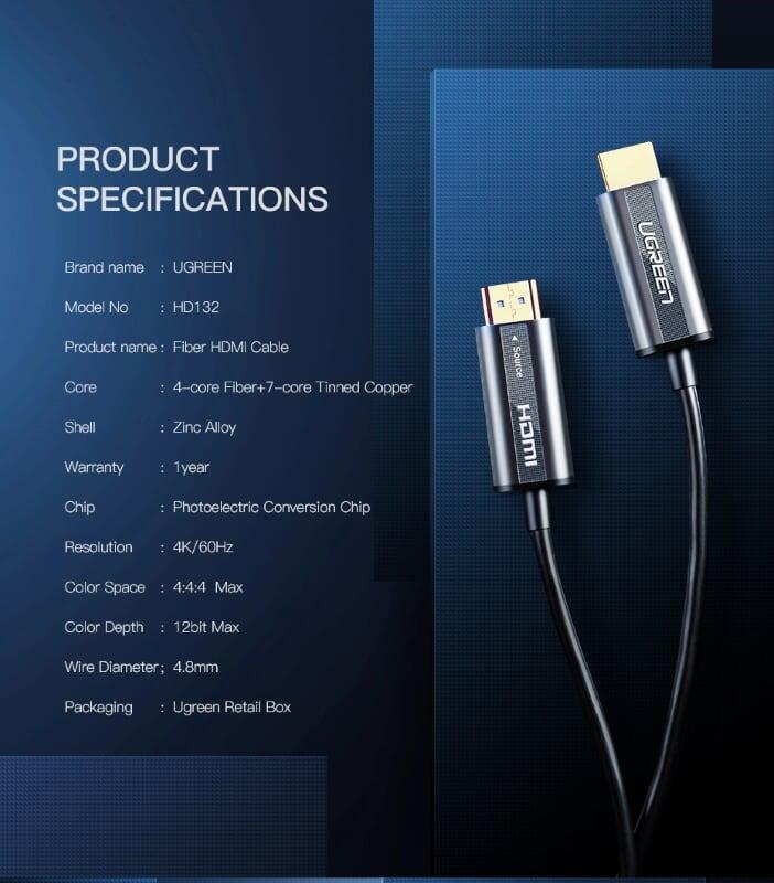 Ugreen UG50218HD132TK 40M màu Đen Cáp tín hiệu HDMI chuẩn 2.0 sợi quang cao cấp - HÀNG CHÍNH HÃNG