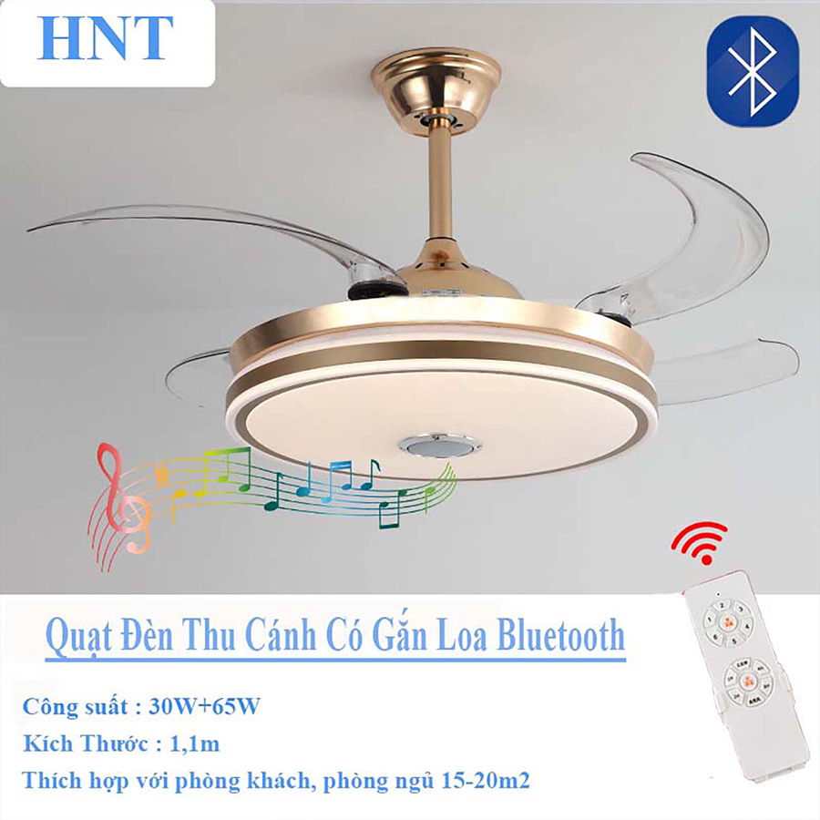 Quạt đèn trần ẩn cánh có Loa bluetooth HNT 3 trong 1 vừa đèn, quạt, loa nghe nhạc - Hàng nhập khẩu