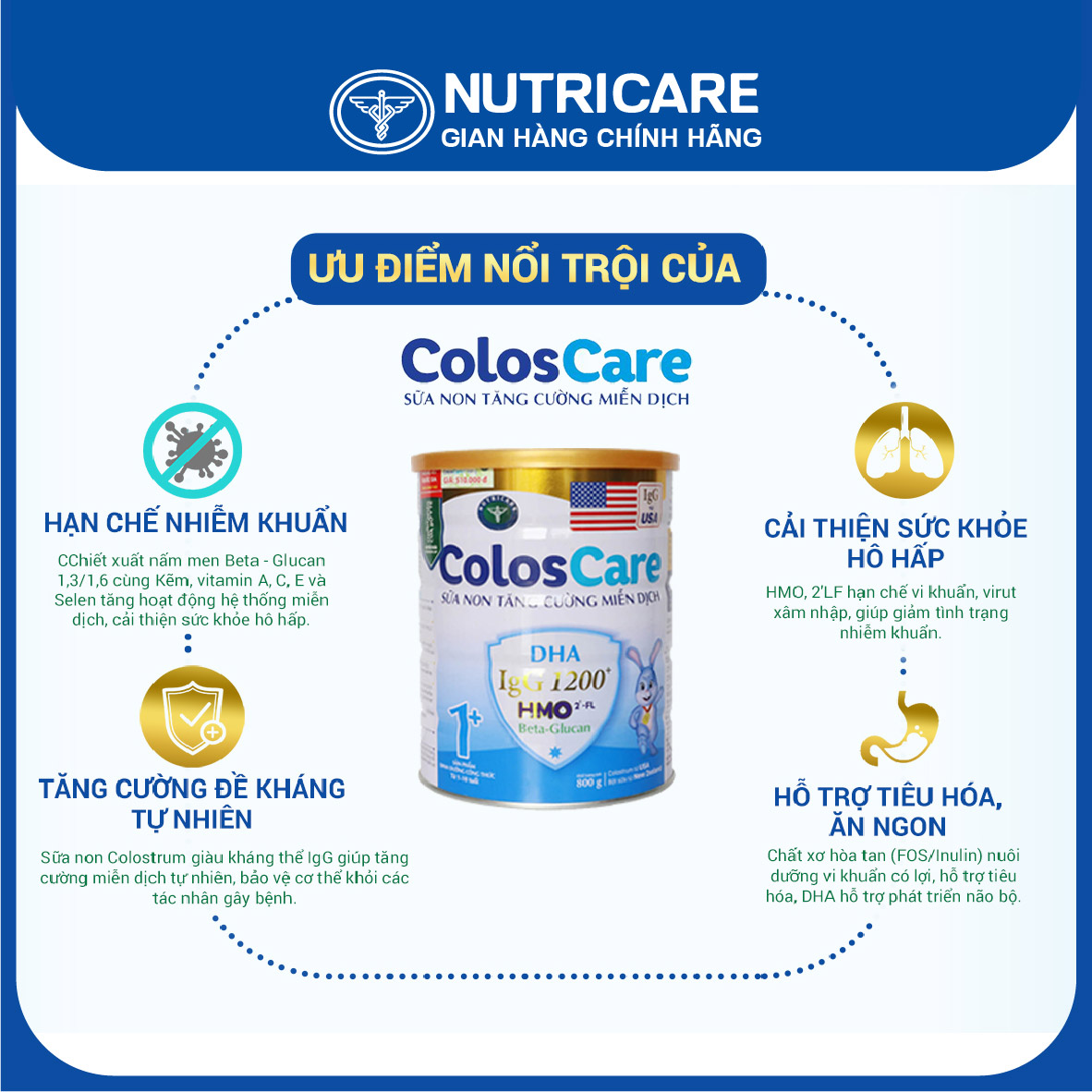 [Tặng 2 lọ yến] Sữa bột Nutricare ColosCare 1+ tăng cường hệ miễn dịch 800g