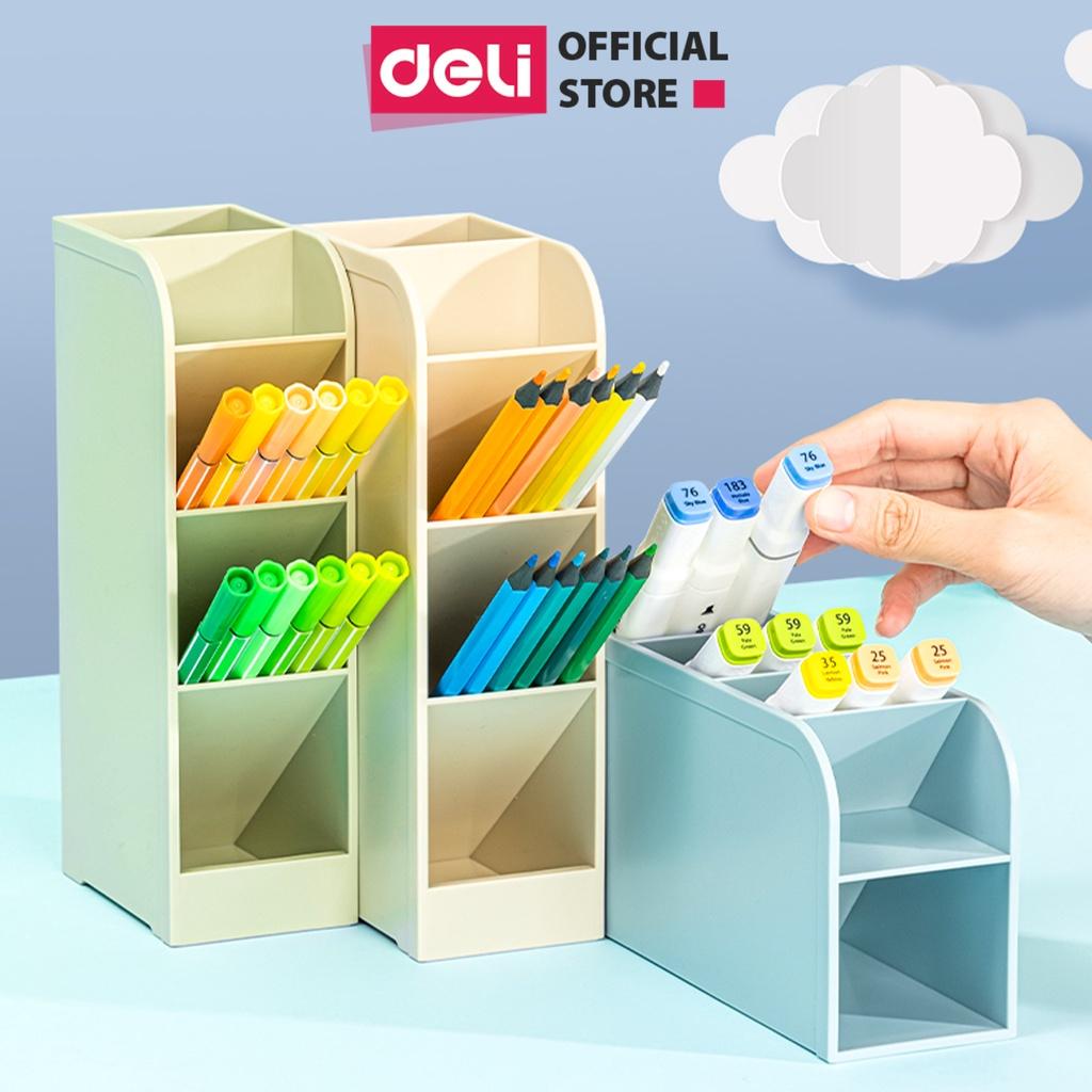 Kệ đựng bút pastel Deli kèm sticker, ống đựng bút 4/5 ngăn basic, hộp cắm bút để bàn nhiều ngăn đa năng 3 màu 3 size