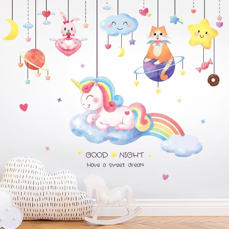 Decal dán tường trang trí phòng bé gái Mẫu kỳ lân số 4 GOOD NIGHT - AmyShop
