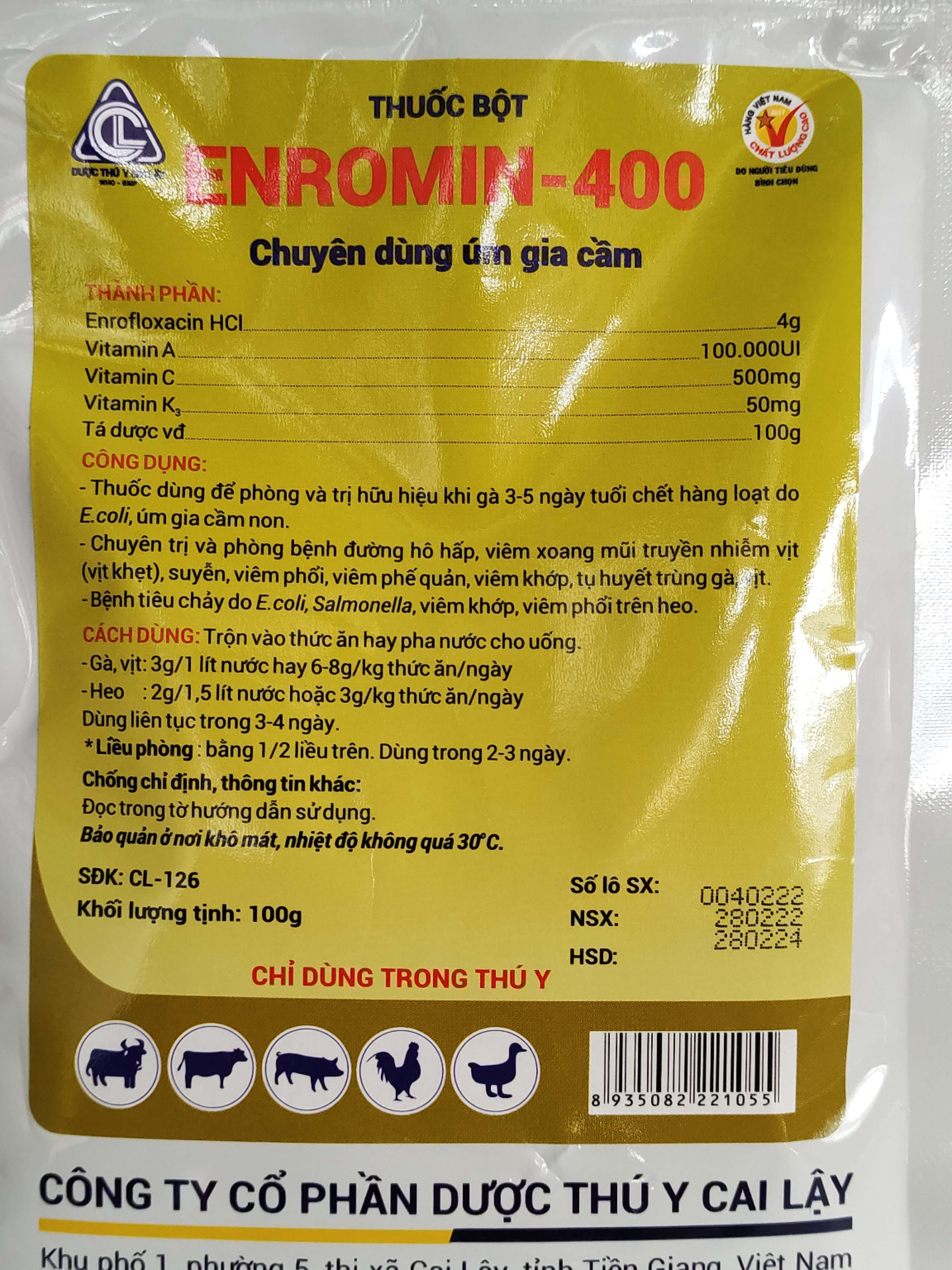 ENROMIN 400 100G Thuốc bột chuyên dùng úm gia cầm