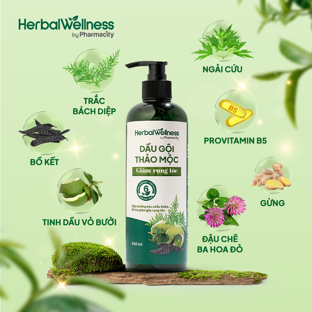 Dầu gội thảo mộc giảm rụng tóc Herbal Wellness by Pharmacity chai 450ml
