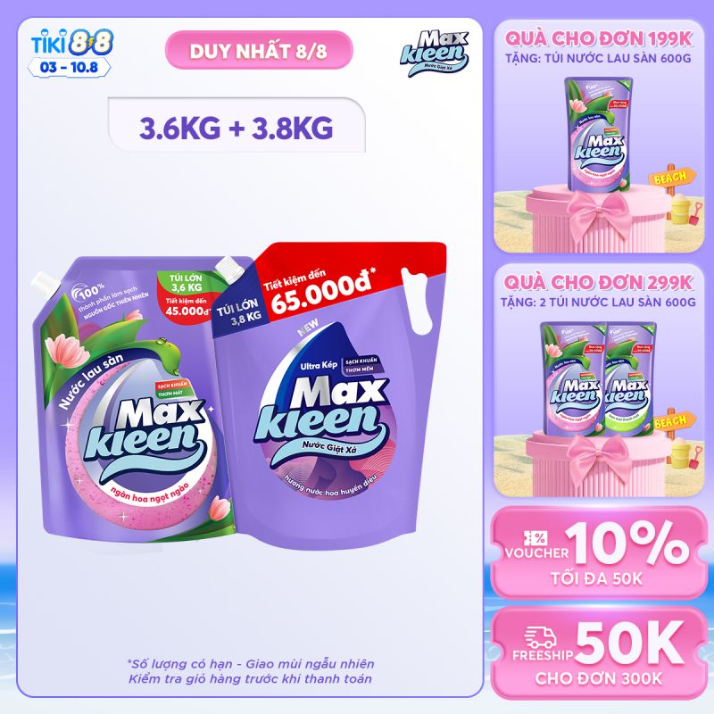 Combo Túi Nước Lau Sàn 3.6kg Ngàn hoa ngọt ngào + Túi Nước Giặt Xả MaxKleen 3.8kg Hoa Nắng