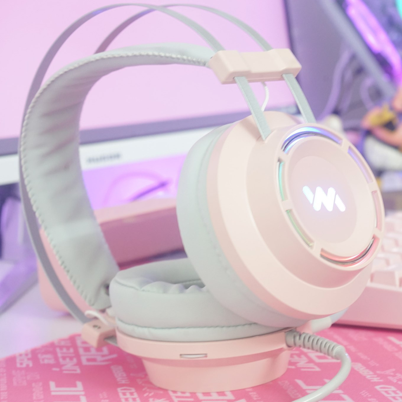Tai nghe chụp tai chuyên game Wangming 9800S Pink Âm Thanh 7.1 - Led RGB - Jack Cắm USB - Hàng chính hãng