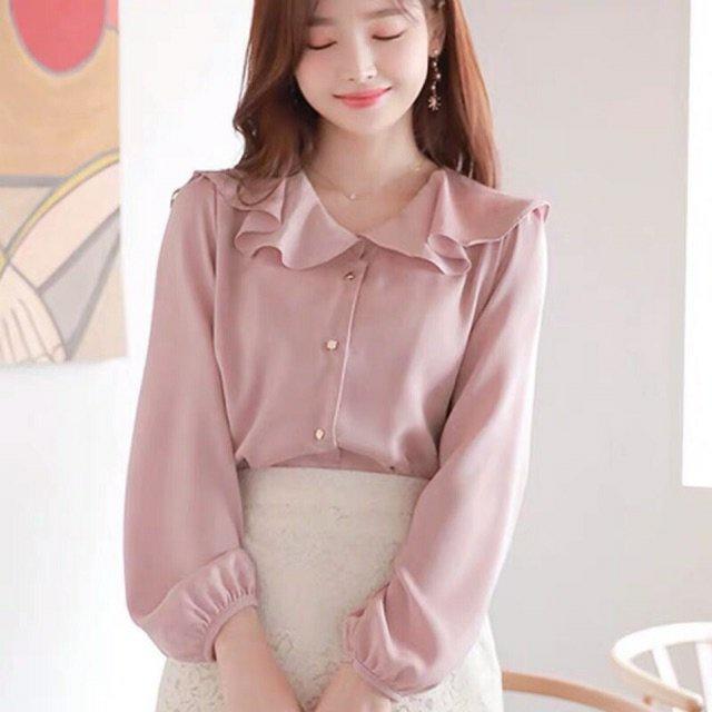 Áo sơ mi nữ công sở thời trang SURI lụa màu Hồng nữ tính,cổ 1 lá tròn,tay dài bo phồng rất dịu dàng