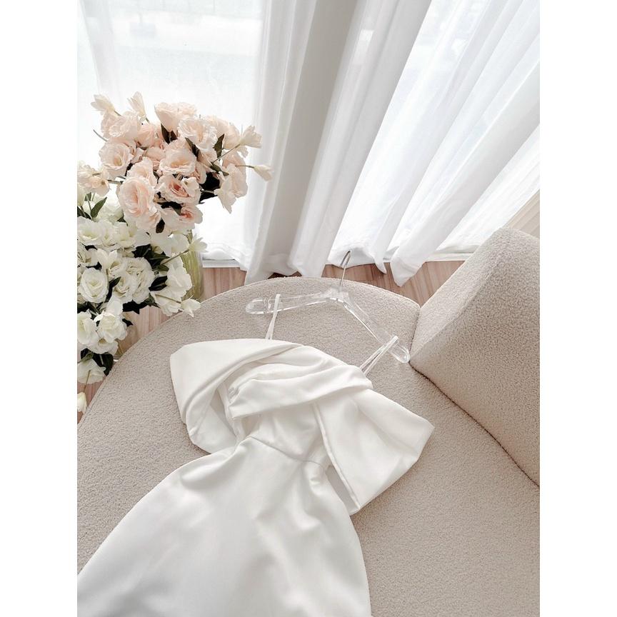 Đầm đỏ 2 dây trễ vai xoắn nơ ngực váy cưới cô dâu mẫu nina lê dự tiệc