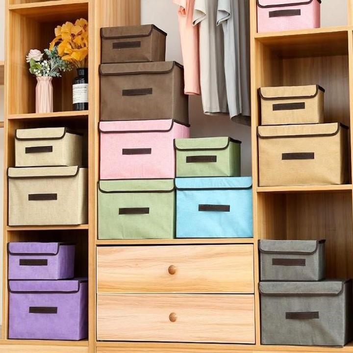 Combo 2 Hộp Vải Đựng Đồ Thùng Đựng Quần Áo Đồ Lót Đa Năng Bằng Vải Cứng Cáp Có Nắp Đậy 8L và 18L