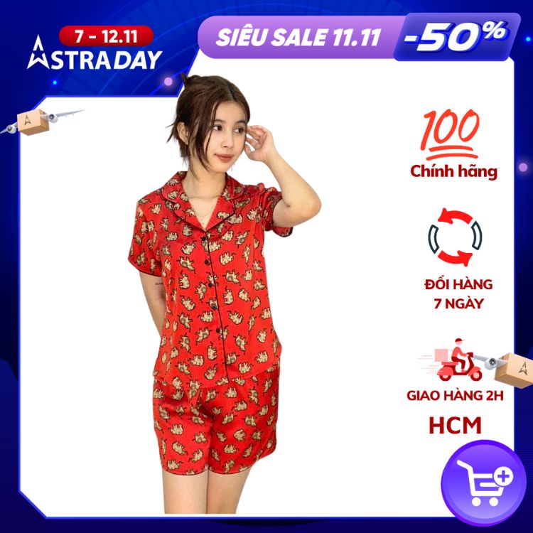 Đồ bộ pijama lụa, đồ mặc nhà nữ VILADY - B138 kiểu quần đùi tay cộc họa tiết con Voi siêu dễ thương, chất liệu lụa Pháp (lụa latin) - Màu đỏ