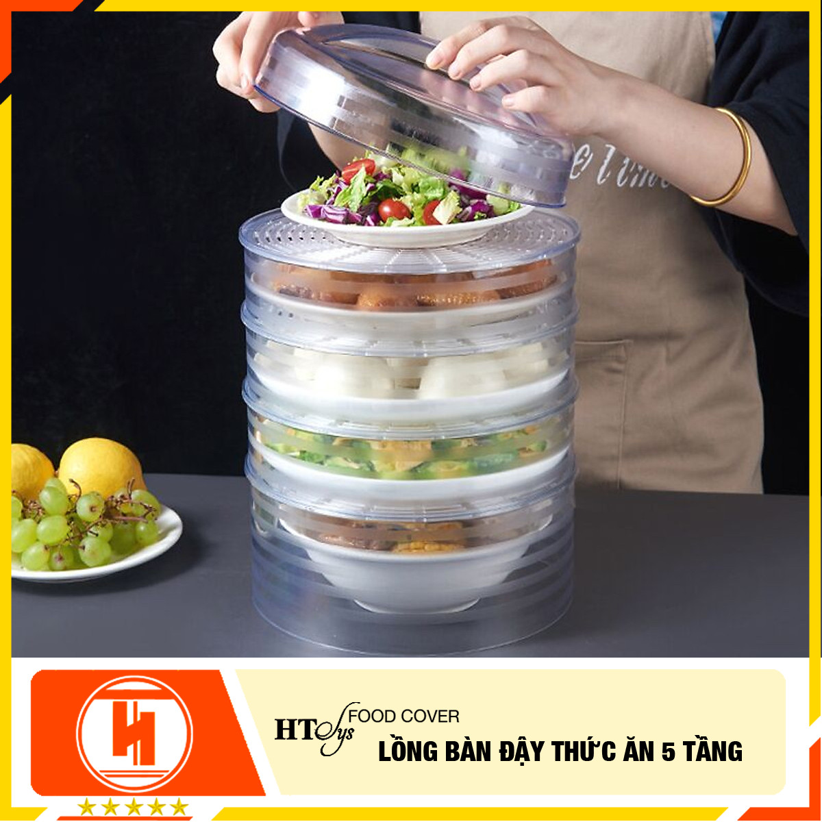 Lồng bàn đậy đồ ăn HT SYS - Food Cover - 5 tầng - Chất liệu PP trong suốt - Hình trụ