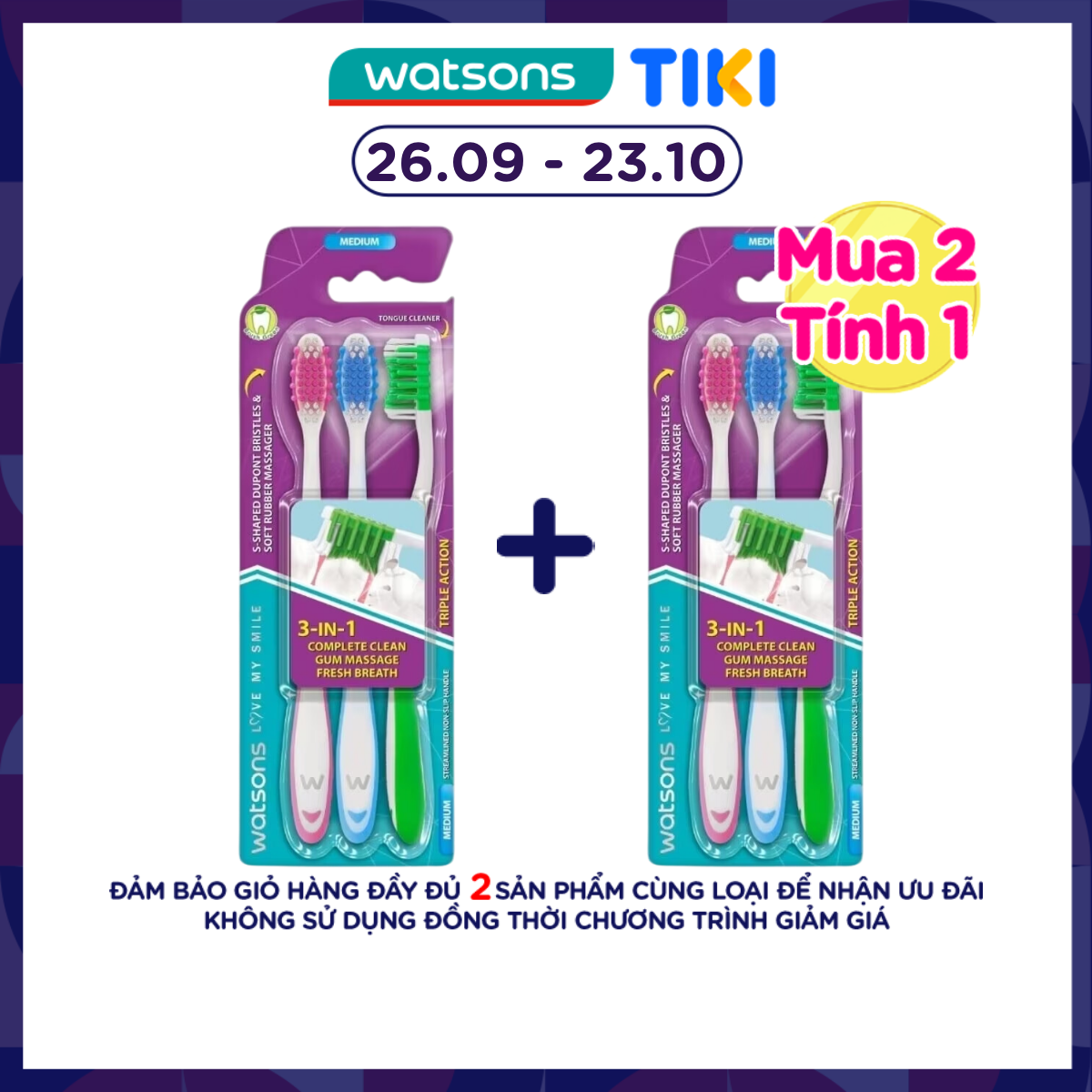 Bàn Chải Đánh Răng Watsons Triple Action Toothbrush (Medium) 3s