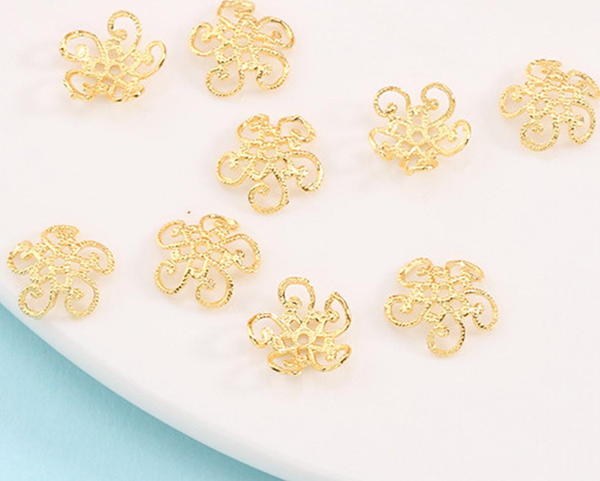 Combo 6 cái charm bạc chụp hạt, bọc hạt họa tiết hoa mạ vàng - Ngọc Quý Gemstones