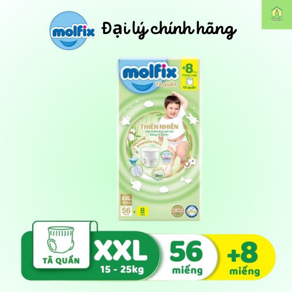 Tã/bỉm quần Molfix Thiên nhiên Ultra XXL (15kg - 25kg) - Gói 56+8 miếng