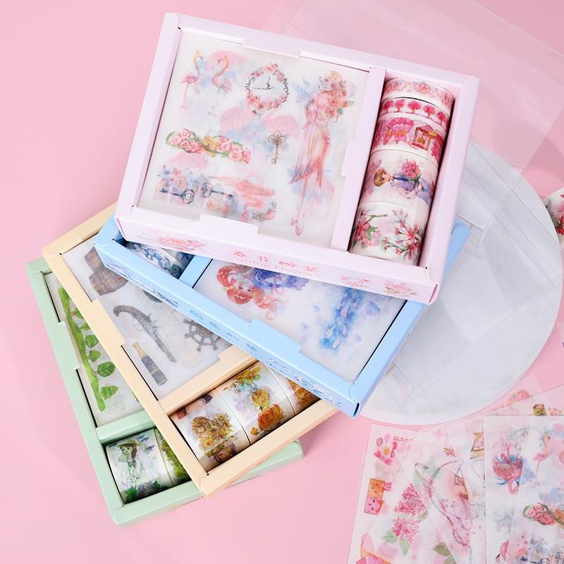 Set Combo Hộp Washi tape và giấy dán Sticker cao cấp họa tiết hoạt hình dễ thương 6 mẫu tại Corgi Shop