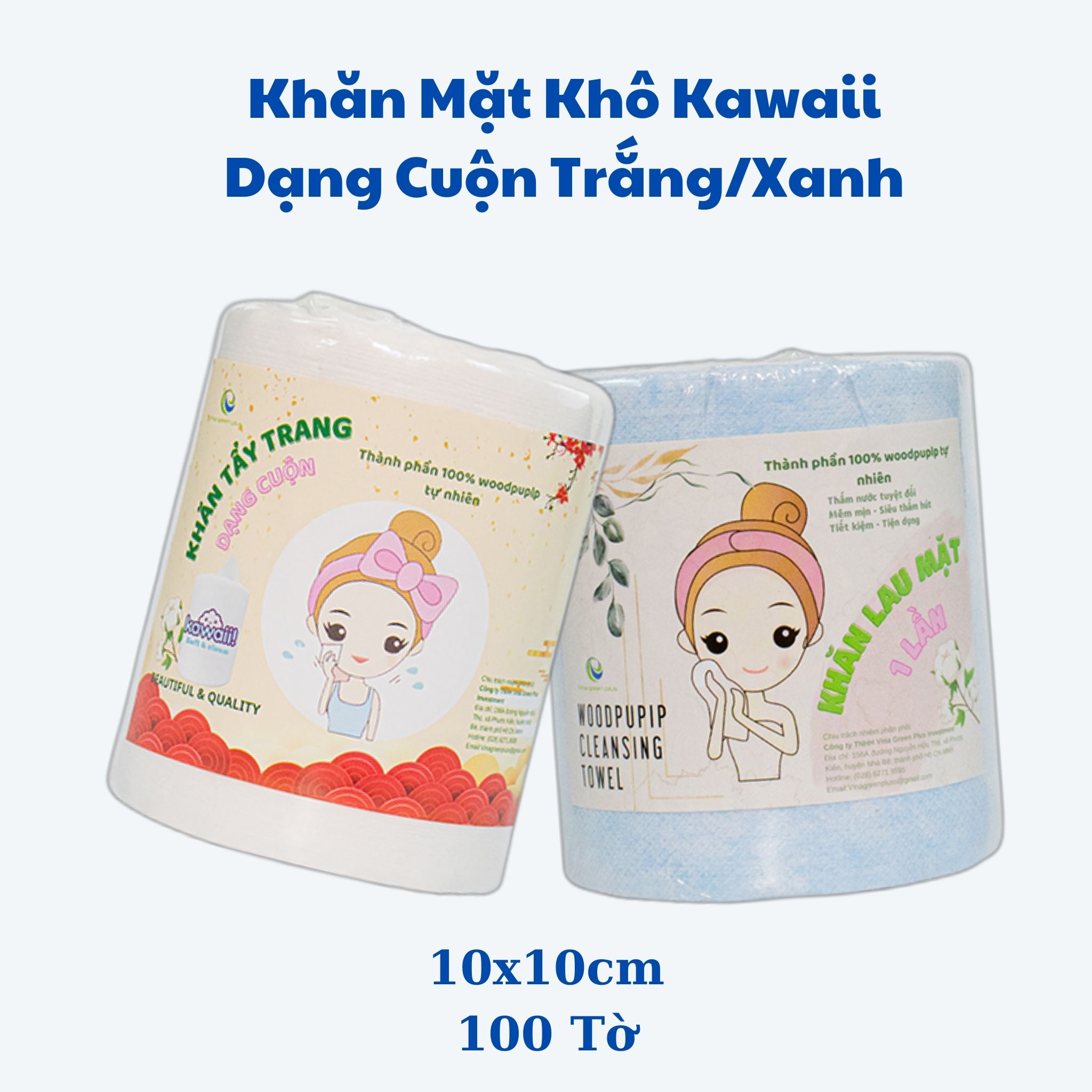 Khăn Tẩy Trang Kawaii - Dạng cuộn Xanh/Trắng 100 tờ khổ 10x10 - Dùng lau khô, lau ướt/ khăn đắp toner