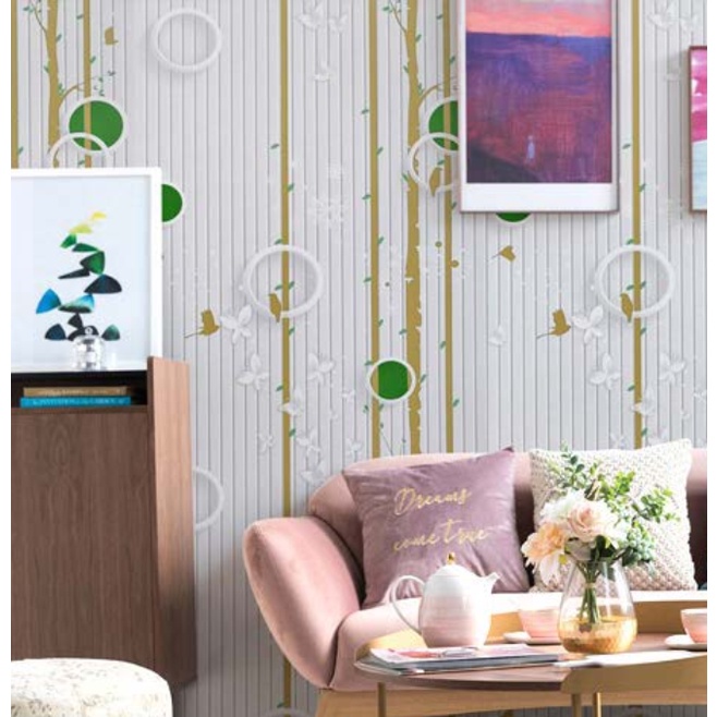 Combo 10 mét giấy dán tường, decal dán tường trang trí nhà cửa CHIM NON CÂY XANH LÁ khổ 45cm