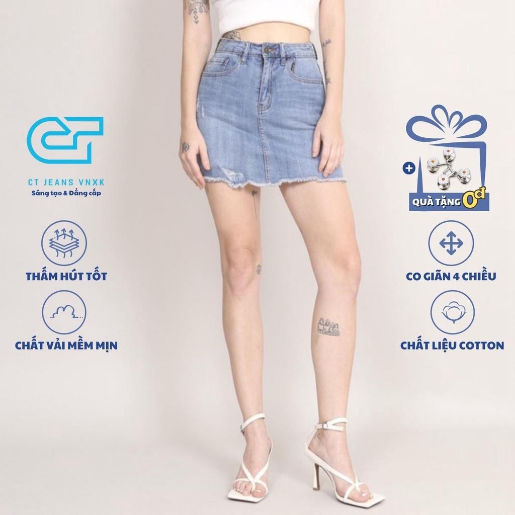 Chân váy jean chữ A rách gấu tua rua co giãn bên trong có quần CT JEANS