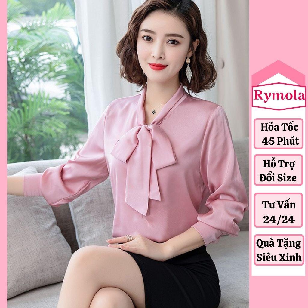 Áo Sơ Mi Kiểu Công Sở Đẹp MOLA Tay Dài Cổ Thắt Nơ Màu Hồng Chất Lụa Cao Cấp From Rộng Hàn Quốc Ulzzang Vintage A1H