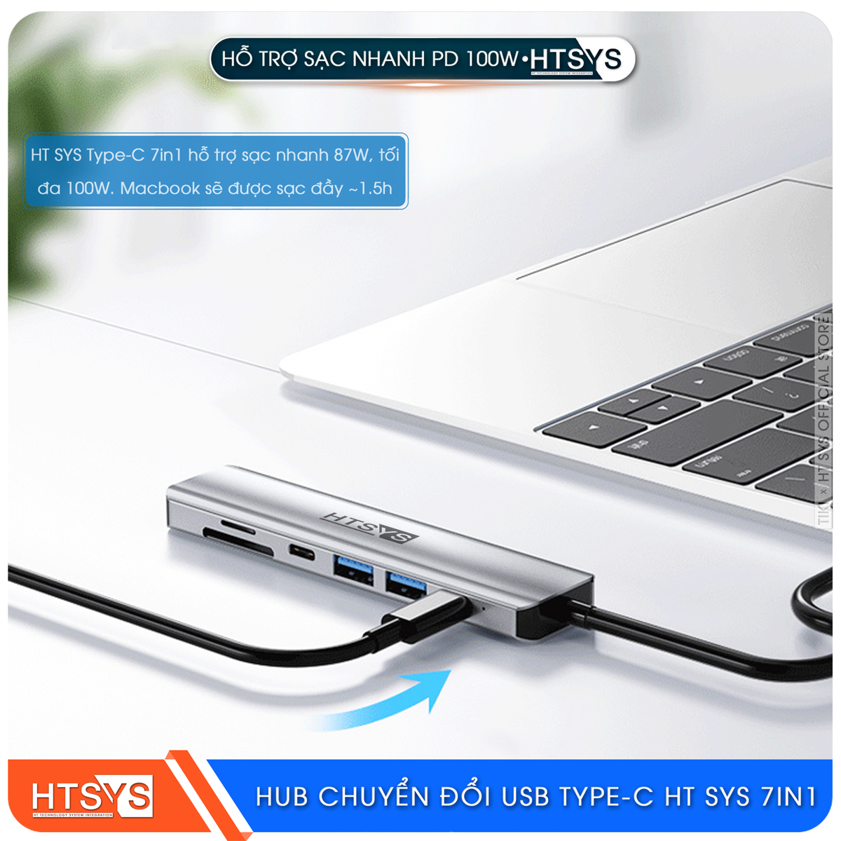 Hub Chuyển Đổi USB Type C HT SYS 7 in 1 To HDMI, USB 3.0, SD, TF, USB C, PD 100W - Hàng Chính Hãng