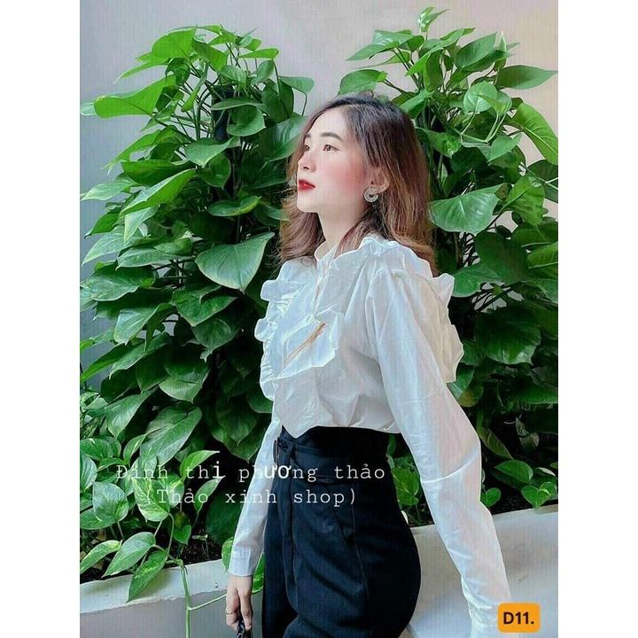 TBL-Set bộ thời trang nữ áo sơ mi trắng dài tay kèm quần suông kate đen phong cách nữ sinh, thời thượng