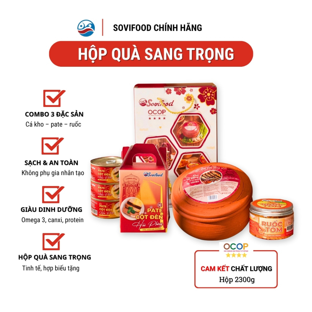 Hộp Quà Đặc Sản OCOP Hải Phòng Sovifood Cao Cấp – Cá Mòi Kho Niêu Đất 500G, Ruốc Tôm 200G, Pate Cột Đèn 570G – Quà Biếu Sang Trọng, Ý Nghĩa
