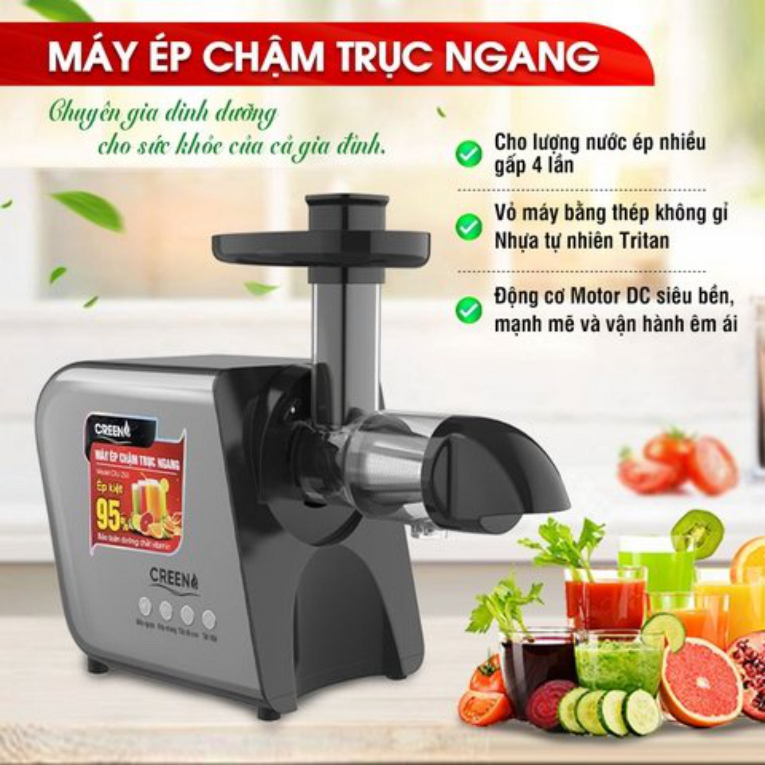 MÁY ÉP CHẬM TRỤC NGANG CREEN CRJ-250 - Hàng Chính Hãng,  Làm Kem, Ép Rau Củ Quả, Ép Kiệt Bã 95% Thiết Kế Đột Phá, Dễ Dàng Vệ Sinh