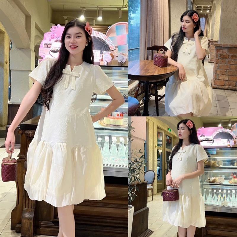 Đầm bầu tiểu thư vải gấm lụa gân 3D thanh lịch, trong trẻo cho mẹ bầu - Hồng