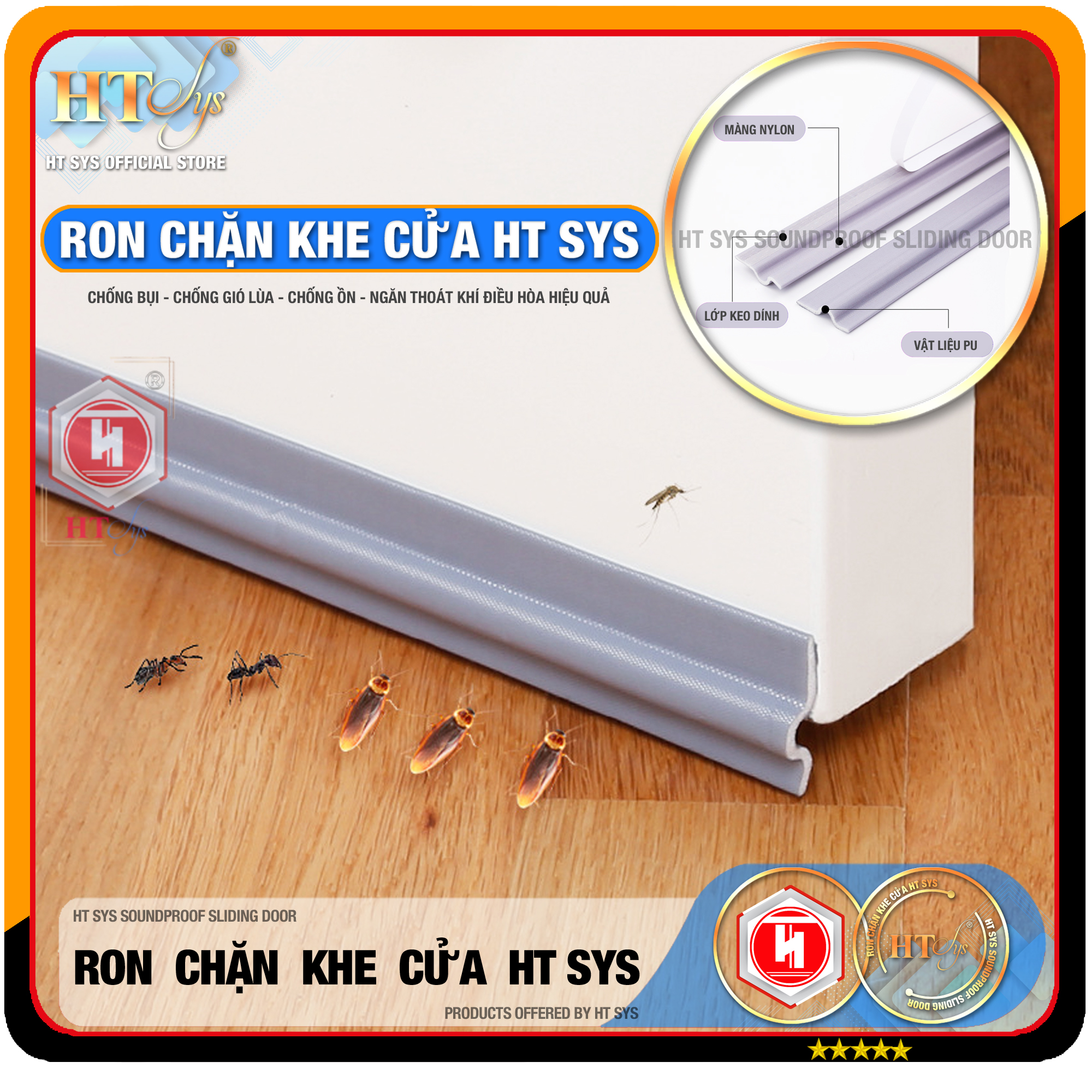 Ron Chặn Khe Cửa HT SYS - Chất Liệu PU Và PE Cải Tiến - Ron Chặn Khe Cửa, Chân Cửa, Khung Cửa - Ngăn Gió Lùa, Cách Âm, Chống Bụi, Ngăn Côn Trùng, Chống Thoát Khí Điều Hòa, Chống Va Đập Cửa - Hàng Chính Hãng