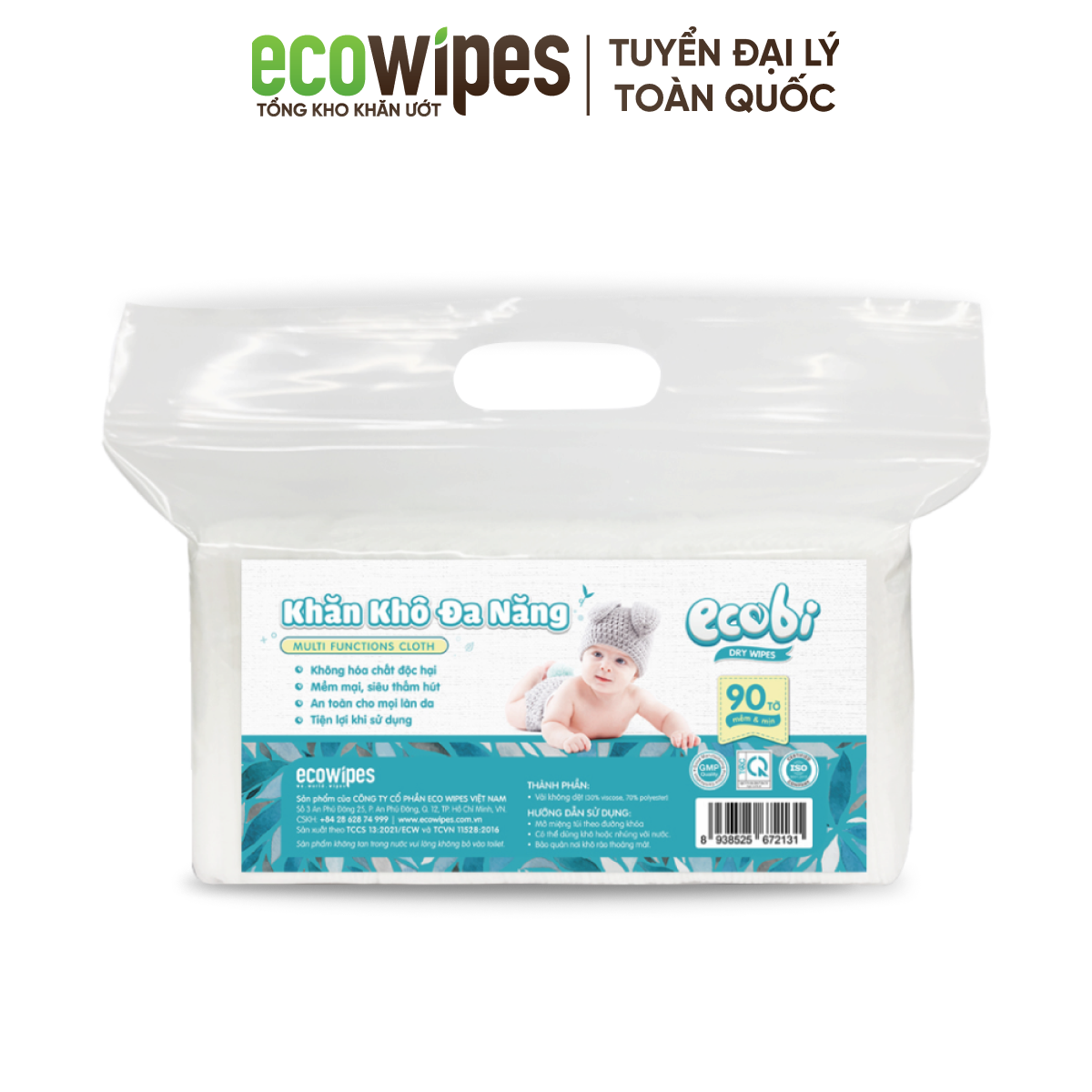 Khăn khô đa năng cao cấp cho bé EcoWipes Ecobi không mùi không paraben an toàn cho da bé