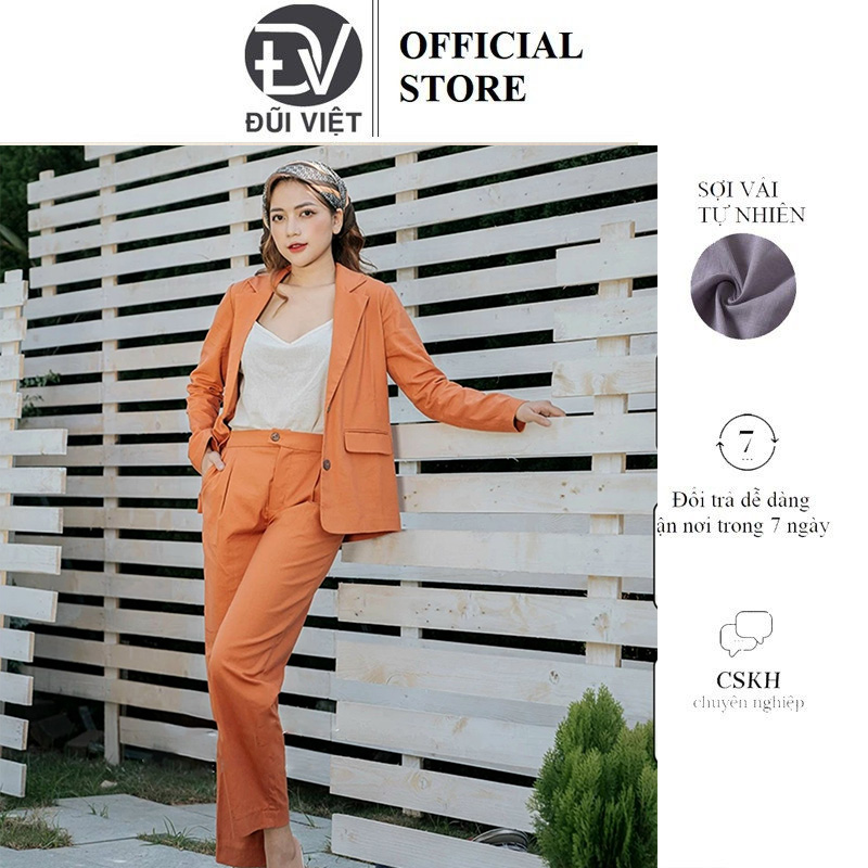 Áo blazer nữ dáng suông khoác nhẹ cao cấp màu cam vải linen lên form chuẩn đẹp, trẻ trung công sở Đũi Việt Dv08