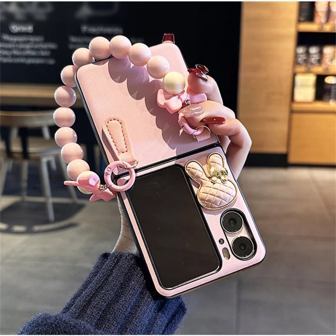 Ốp điện thoại cho OPPO Find-N2 Flip hồng pastel kèm dây đeo siêu dễ thương