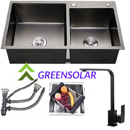 Combo chậu + vòi nano kháng khuẩn GREENSOLAR hai hố lệch 82x45x23cm, tặng rá inox đa năng