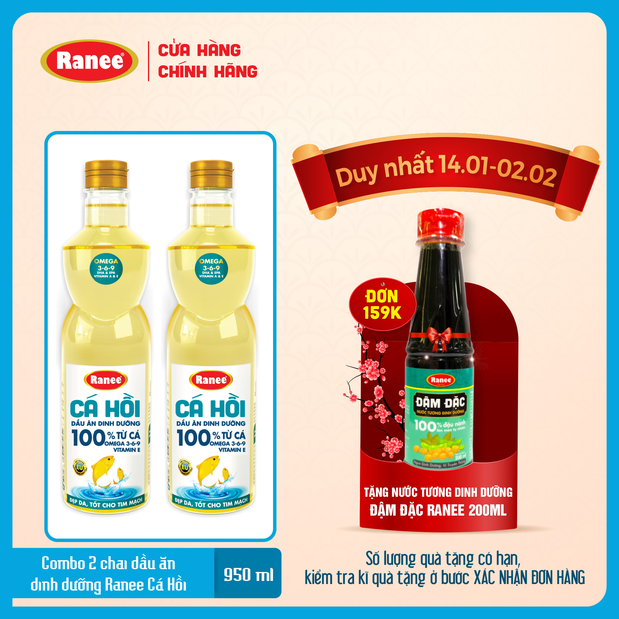 Combo 2 chai dầu ăn dinh dưỡng Ranee Cá Hồi 950ml (950ml/chai x 2 chai)