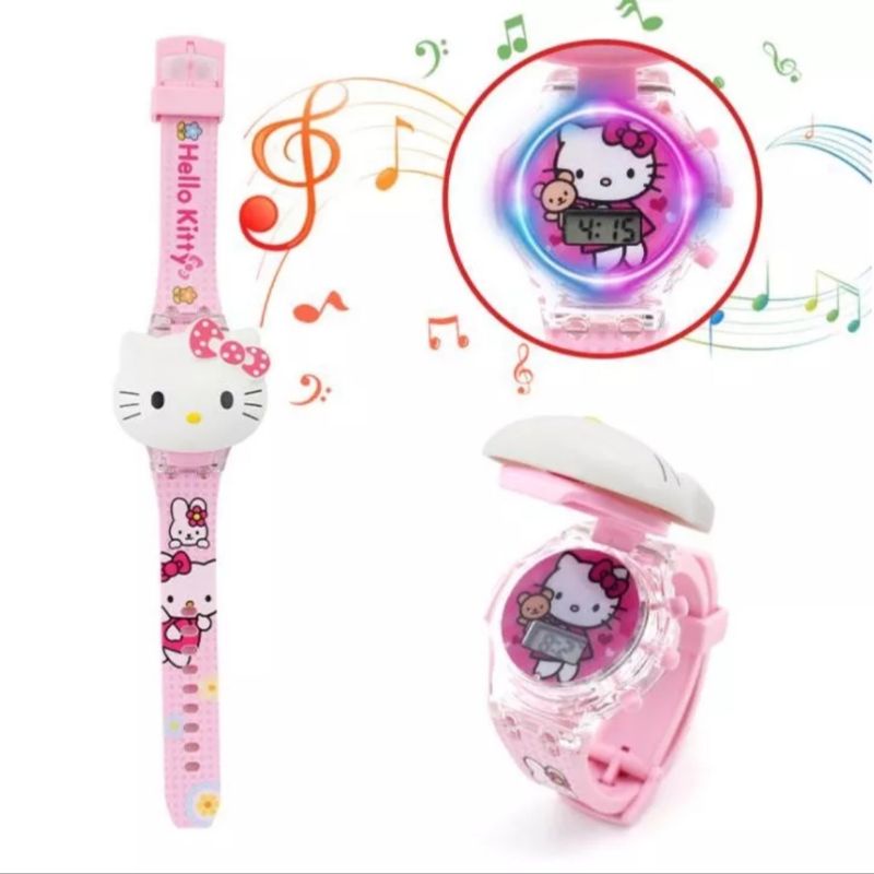 (Có đèn nhạc) Đồng hồ hình mèo Kitty cho bé gái điện tử nắp lật có đèn nhạc phát sáng hoạt hình mèo Kitty kỹ thuật số cho trẻ em bé gái