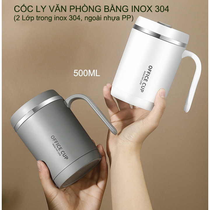 Cốc ly uống cà phê, trà 500ml cho dân văn phòng, loại 2 lớp trong inox 304 ngoài nhựa PP kèm ống hút