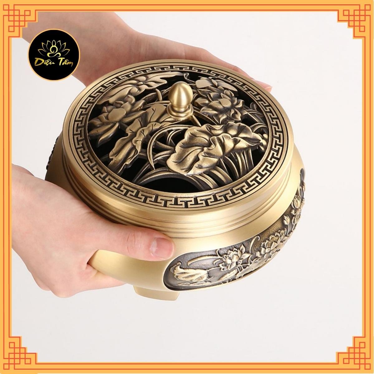 Lư đồng xông trầm - lư đốt trầm thay cho thác khói trầm hương, đồ thờ cúng shop Diệu Tâm mẫu Lư 3 chân khắc sen