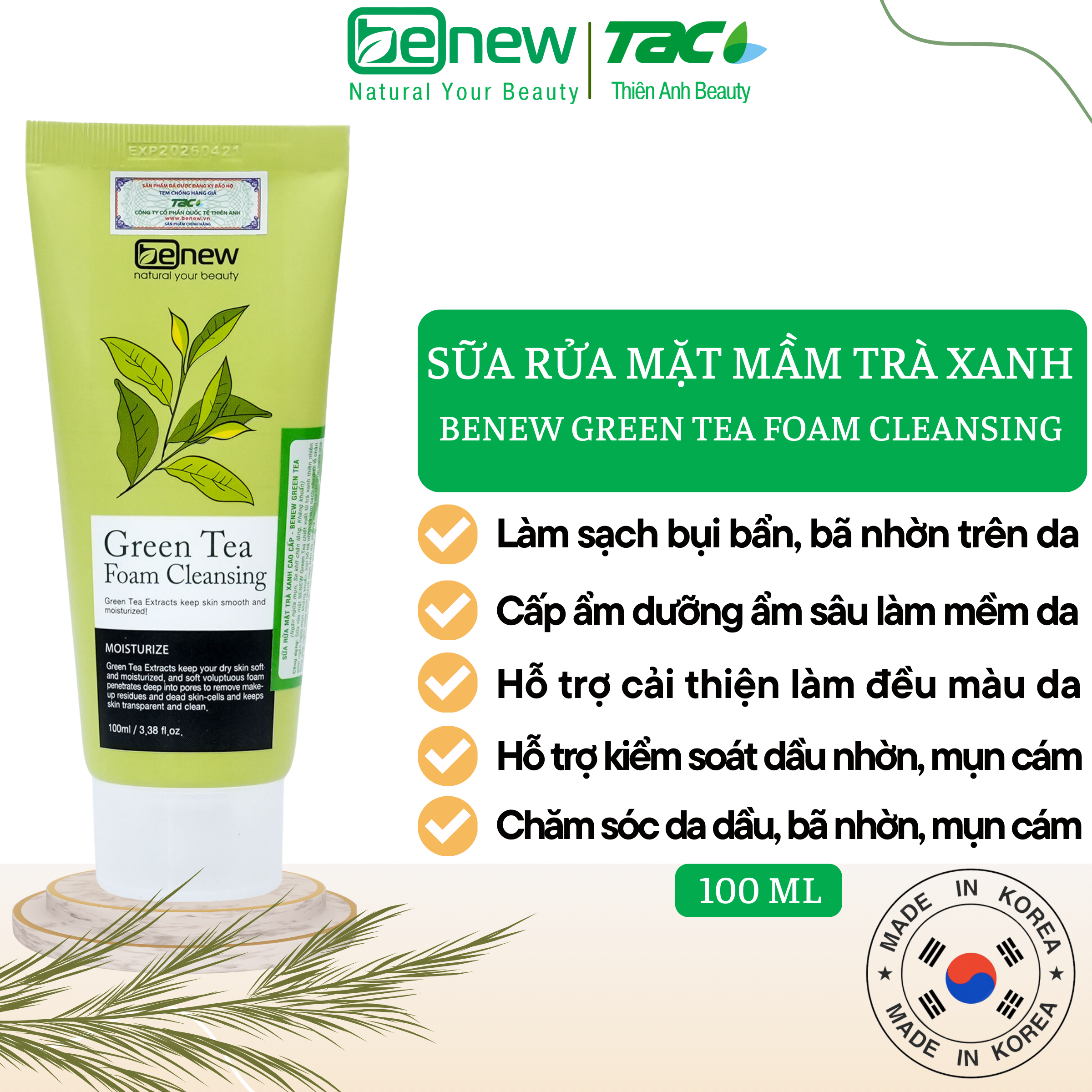Sữa Rửa Mặt Tinh Chất Trà Xanh Benew Green Tea (100ml)