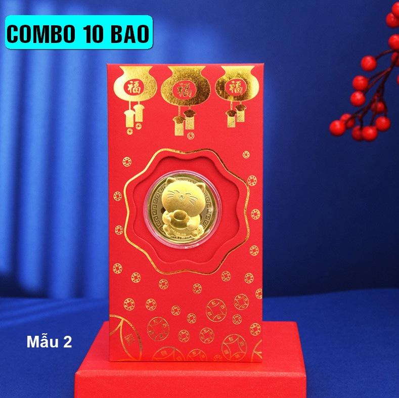 Sét gồm 10 phong bao đỏ kèm xu con mèo mạ vàng Đài Loan Tết 2023 - Mẫu 2, Tiền lì xì tết 2023 , NELI