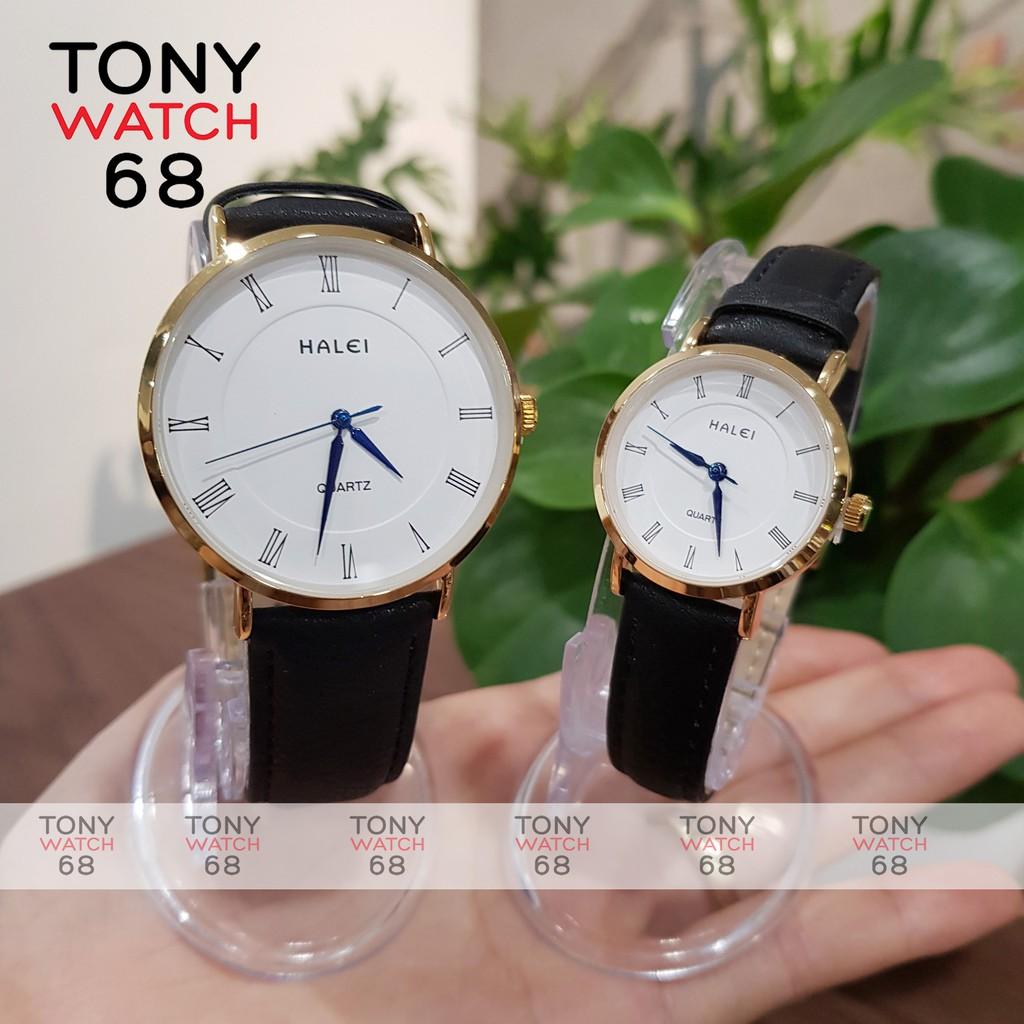 Đồng hồ cặp đôi nam nữ Halei kim xanh mặt trắng dây da nâu chính hãng Tony Watch 68